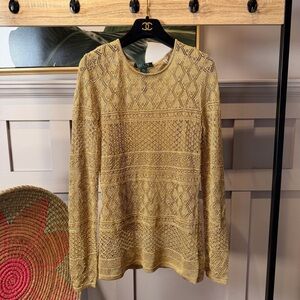Ralph Lauren Sweater Womens Small Petite Gold Knit Long Sleeve Viscose Woven M